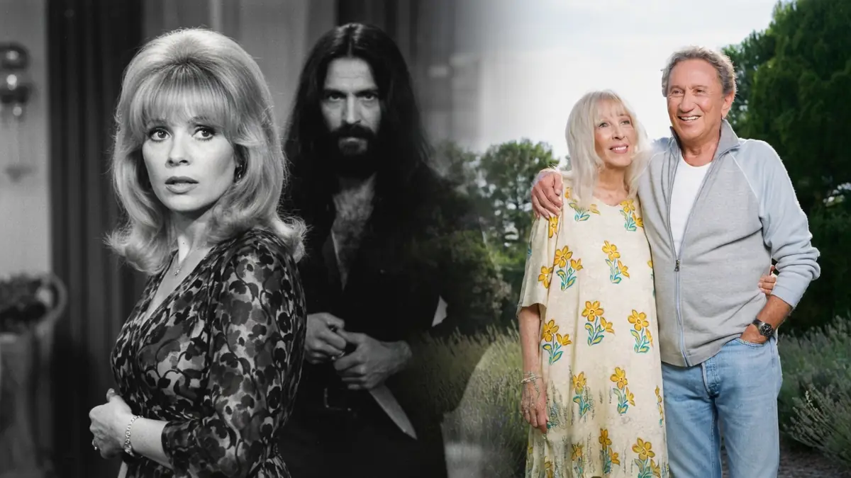 Montage avec Dany Saval jeune à gauche, une silhouette sombre et le couple âgé à droite