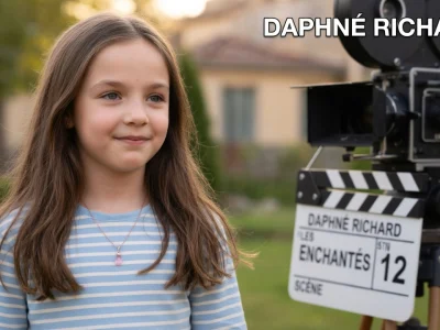 La jeune actrice Daphné Richard souriante devant une caméra de cinéma en extérieur