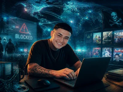 Un jeune homme souriant devant son ordinateur illustre l'univers du site de téléchargement Darkino