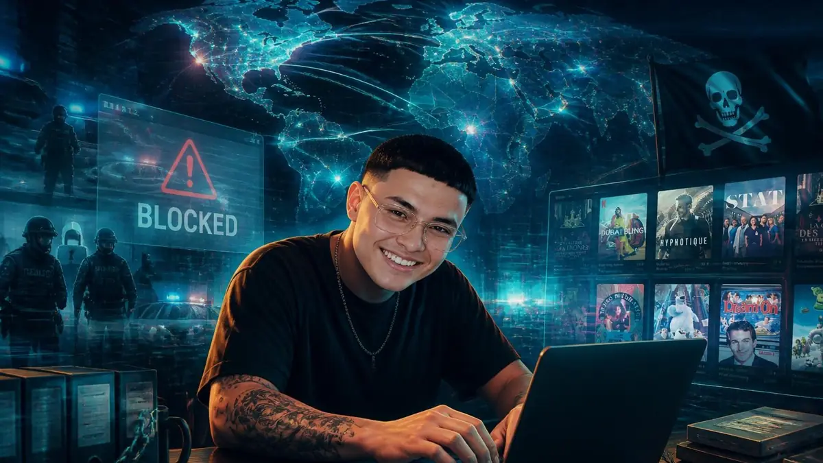 Un jeune homme souriant devant son ordinateur illustre l'univers du site de téléchargement Darkino