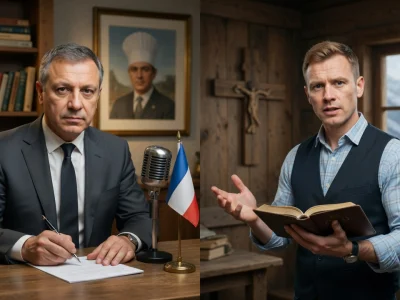 Deux portraits de David Martin l'un en costume à gauche et l'autre en gilet tenant un livre à droite