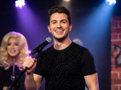 David Voinson sourit en tenant un micro sur scène devant un public lors de son spectacle d'humour