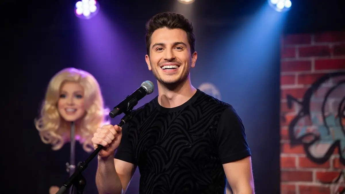 David Voinson sourit en tenant un micro sur scène devant un public lors de son spectacle d'humour