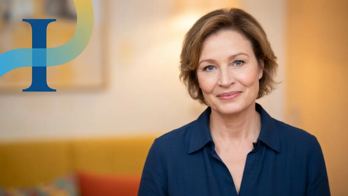 Isabelle Desplantes sourit face à la caméra dans un intérieur coloré