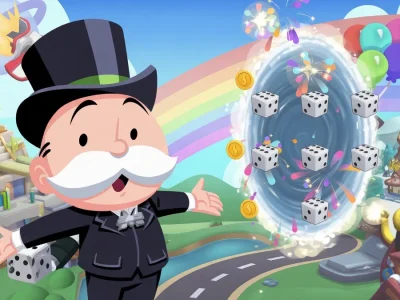 Mr Monopoly se tient devant un portail magique rempli de dés pour le dé gratuit Monopoly Go