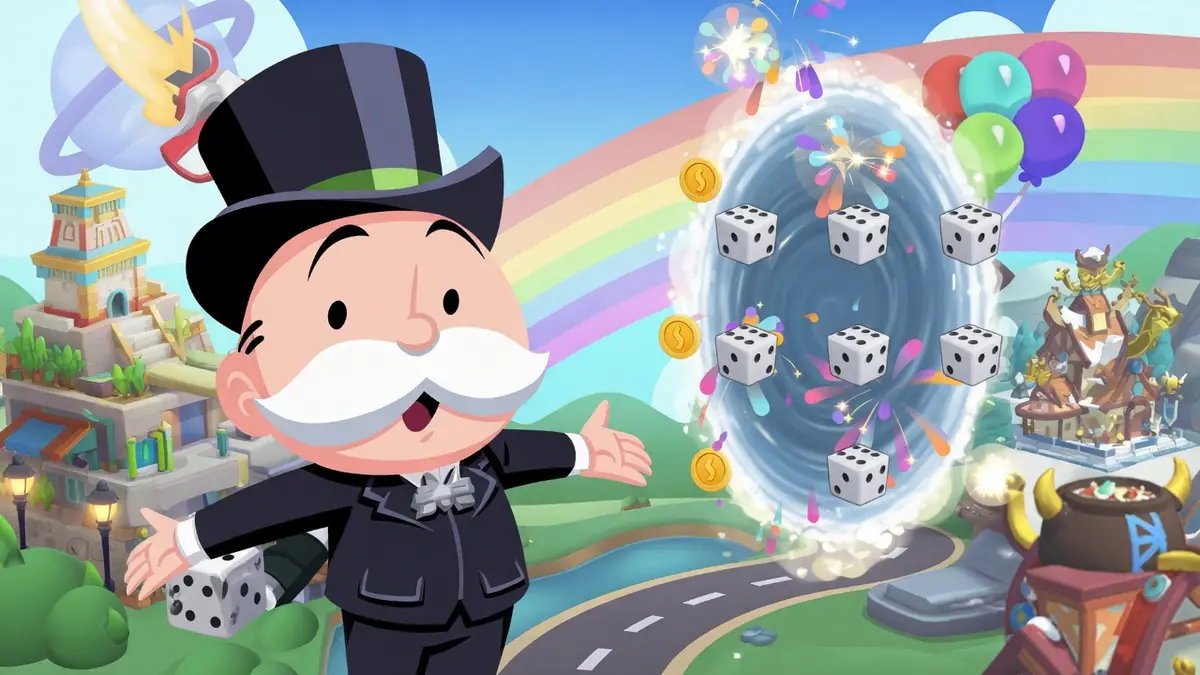 Mr Monopoly se tient devant un portail magique rempli de dés pour le dé gratuit Monopoly Go