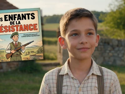 Le jeune acteur Lucas Hector posant devant une affiche de film inspirée d'une bande dessinée