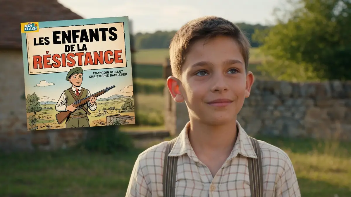 Le jeune acteur Lucas Hector posant devant une affiche de film inspirée d'une bande dessinée