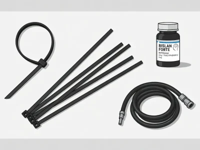 Des colliers de serrage noirs, un câble enroulé et un flacon de Rislan sur fond clair