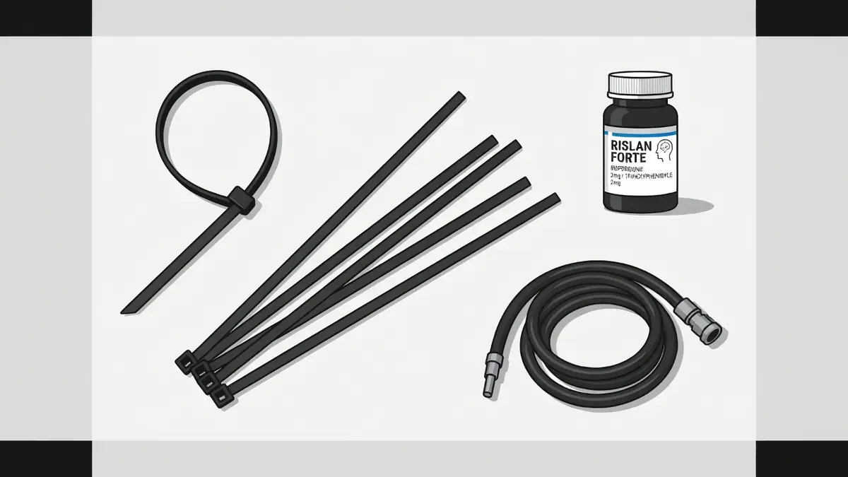 Des colliers de serrage noirs, un câble enroulé et un flacon de Rislan sur fond clair