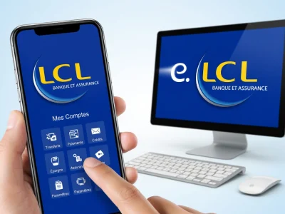 Une main tenant un smartphone devant un ordinateur avec e LCL