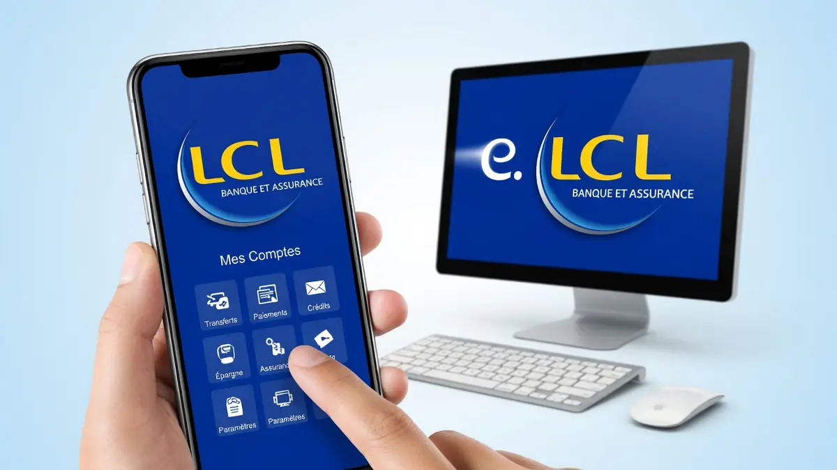 Une main tenant un smartphone devant un ordinateur avec e LCL
