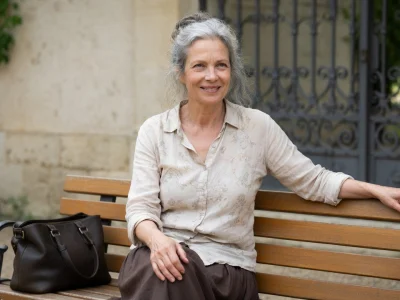 Clémentine Amouroux est assise sur un banc en bois avec un sac à ses côtés