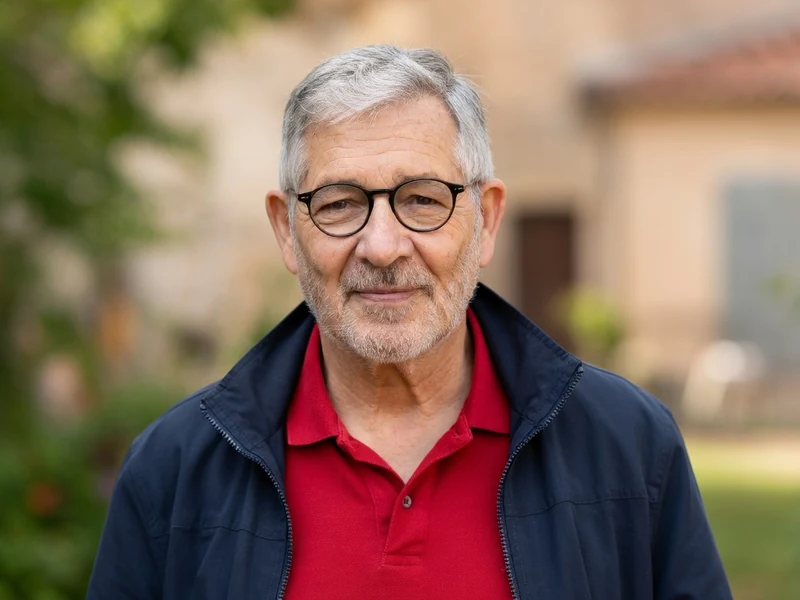 Yves Pignot pose en polo rouge et veste bleue devant un décor extérieur