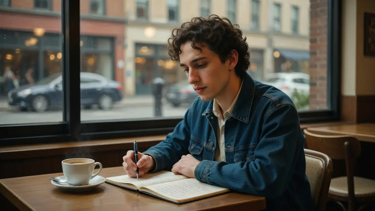 Léo Rispal écrit dans son carnet à une table de café