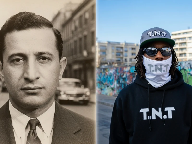 Un portrait ancien d'un homme en costume et une photo moderne d'un jeune masqué illustrent Gambino