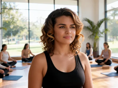 Delfine Rouffignac sourit au premier plan d'un cours de yoga collectif dans un studio