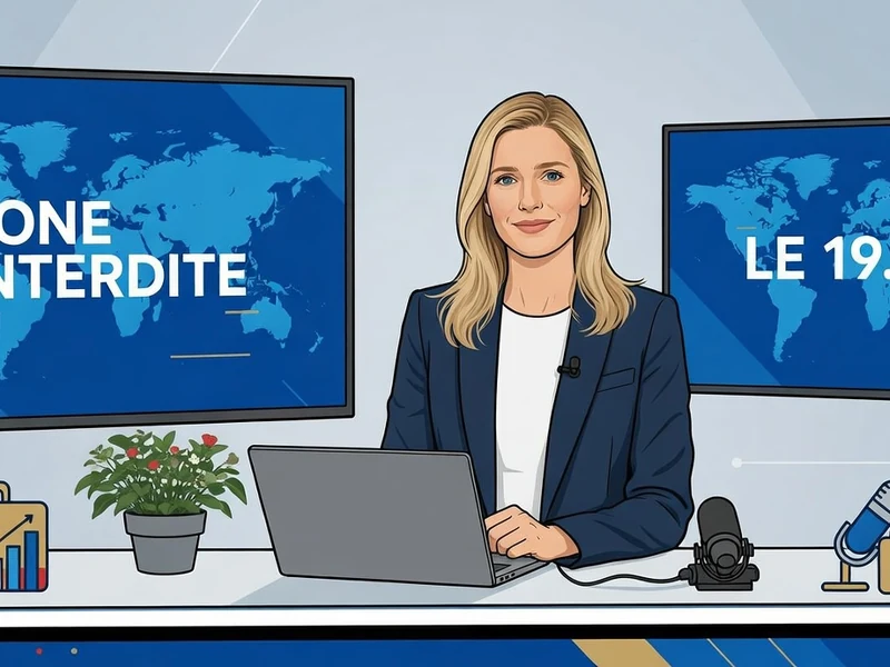 Florence de Soultrait est assise devant un ordinateur portable dans un studio de télévision