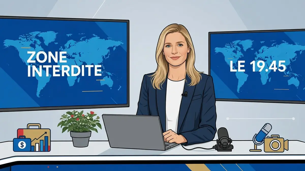 Florence de Soultrait est assise devant un ordinateur portable dans un studio de télévision