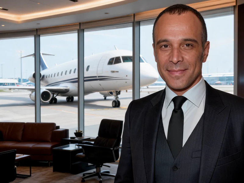 Adel Kachermi se tient en costume dans un bureau avec vue sur un jet privé