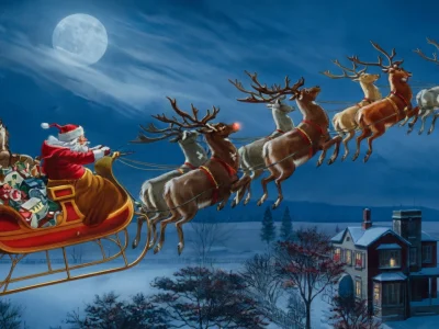 Le nom des rennes du Père Noël est représenté par le traîneau volant au-dessus d'une maison enneigée