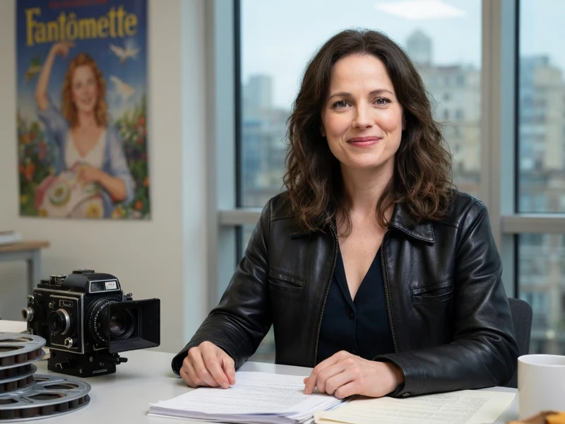 Katia Sourzac est assise à son bureau avec une caméra vintage et des bobines de film