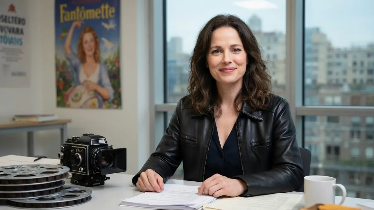 Katia Sourzac est assise à son bureau avec une caméra vintage et des bobines de film