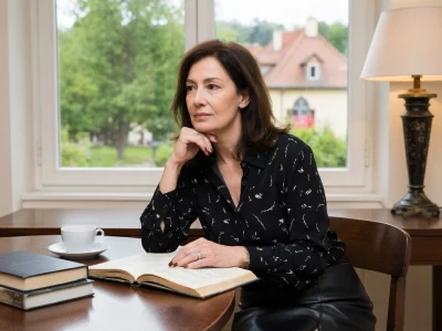 Anne Roussel est assise à une table en bois avec des livres et une tasse près d'une fenêtre