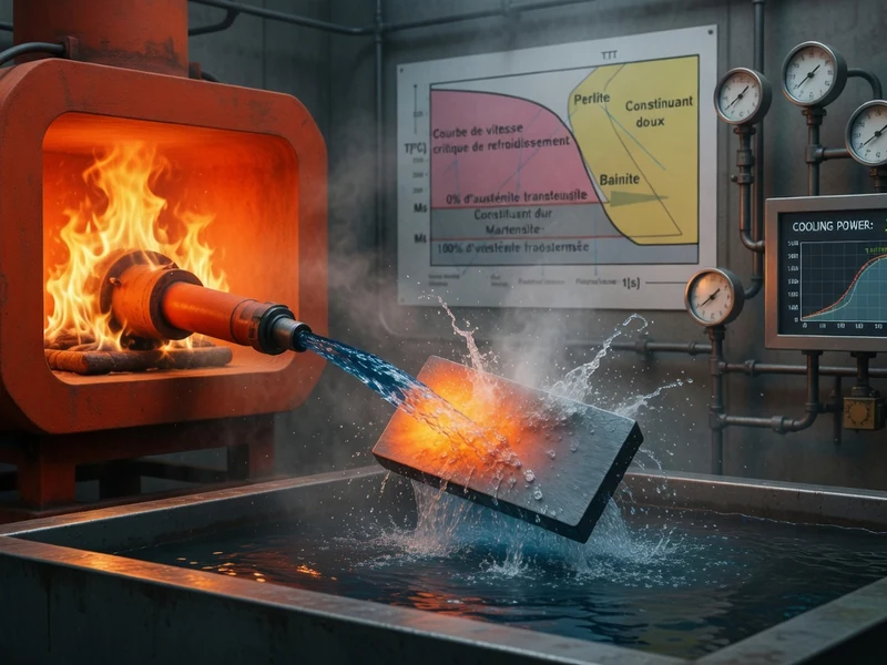 Procédé de trempe montrant la drasticité du refroidissement d'un métal en fusion dans un bain