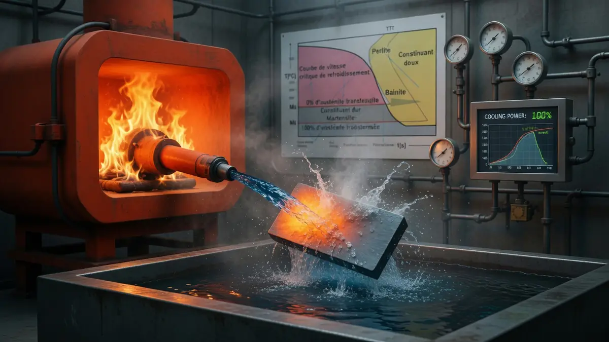 Procédé de trempe montrant la drasticité du refroidissement d'un métal en fusion dans un bain