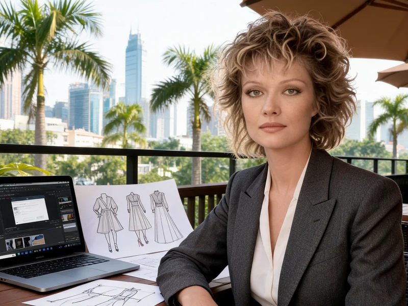 Mimi Coutelier assise devant un ordinateur portable et des croquis de mode avec vue sur des gratte-ciel