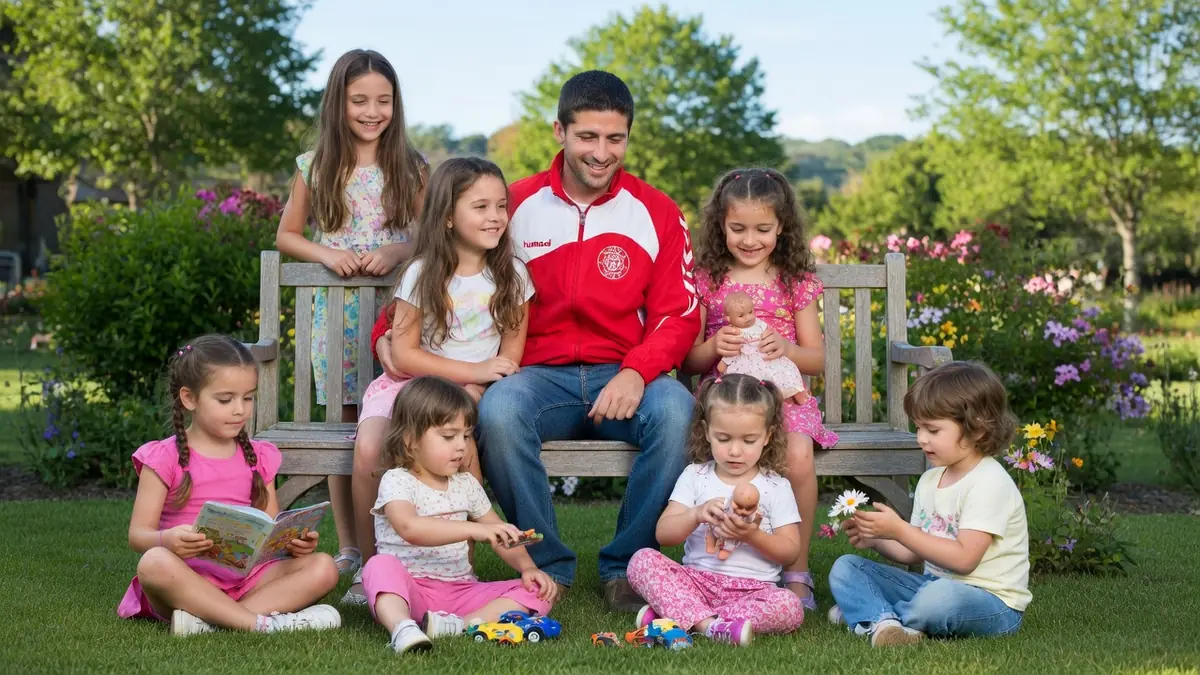 Thomas Lecossais est assis sur un banc avec des enfants dans un jardin