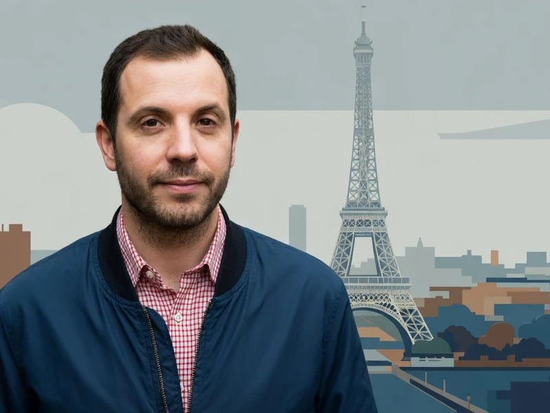 Portrait d'Eddy Leduc devant la tour Eiffel et le skyline de Paris