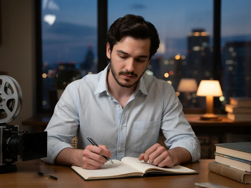 Jérémie Duvall écrit dans son carnet devant une caméra ancienne avec vue sur la ville nocturne.