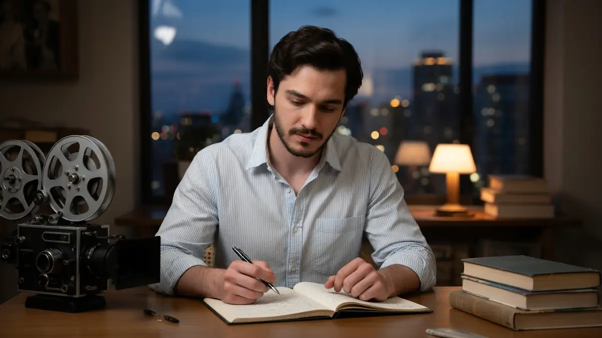 Jérémie Duvall écrit dans son carnet devant une caméra ancienne avec vue sur la ville nocturne.