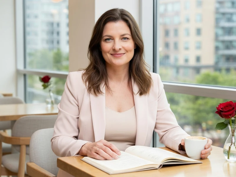 Caroline Furioli sourit tout en tenant une tasse près d'un livre ouvert et d'une rose rouge