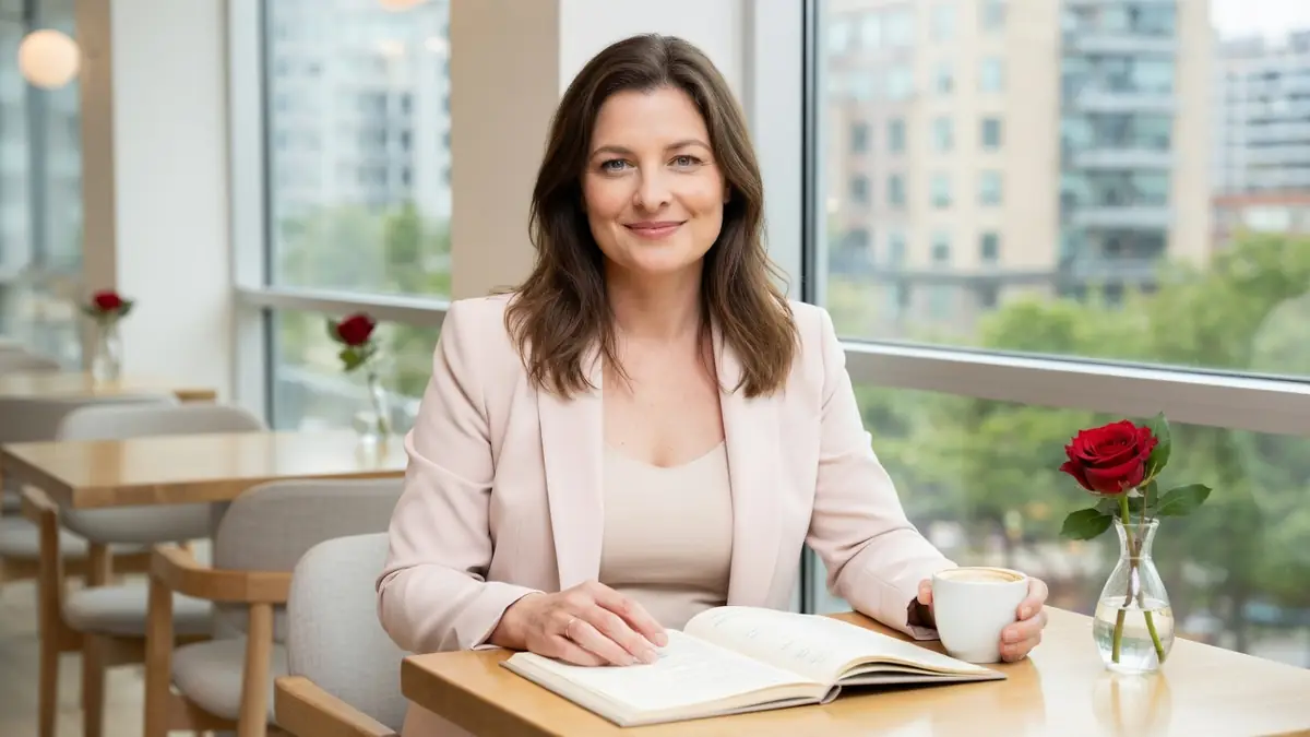 Caroline Furioli sourit tout en tenant une tasse près d'un livre ouvert et d'une rose rouge
