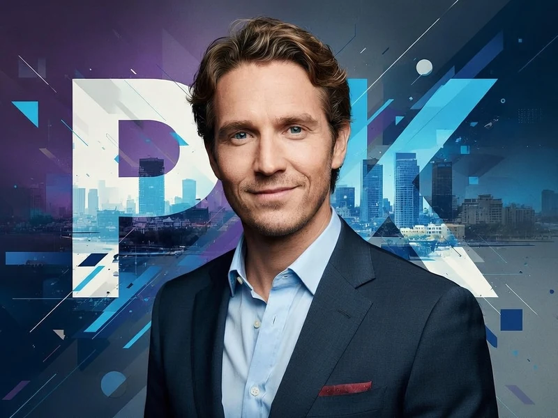 Pierre-Yves Bon en costume et chemise bleue sourit devant un décor urbain
