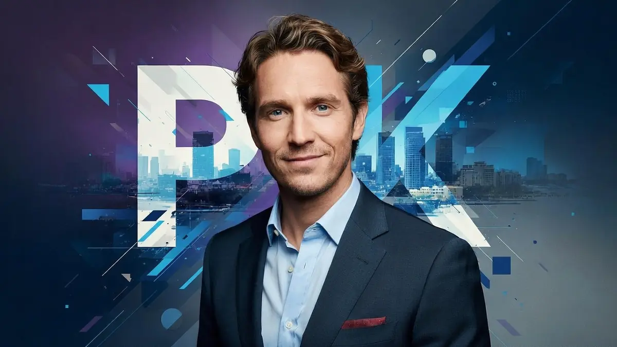 Pierre-Yves Bon en costume et chemise bleue sourit devant un décor urbain