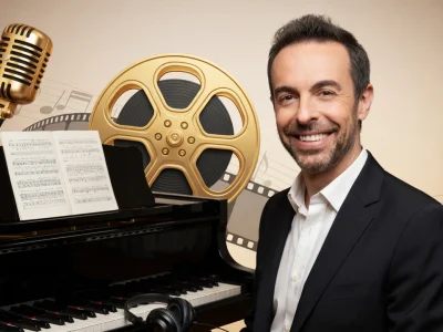 Matthieu Gonet sourit près d'un piano à queue avec un micro et une bobine de film en arrière-plan
