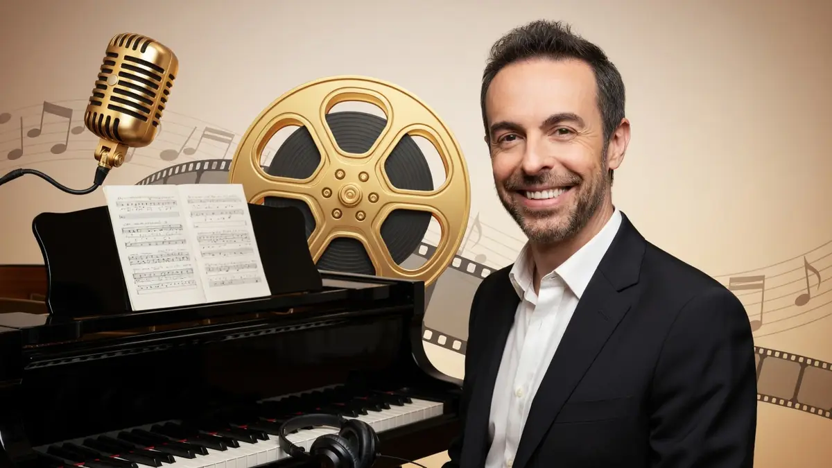 Matthieu Gonet sourit près d'un piano à queue avec un micro et une bobine de film en arrière-plan