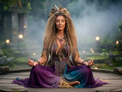 chloe ile de la tentation assise en méditation sur une plateforme en bois dans un décor mystique