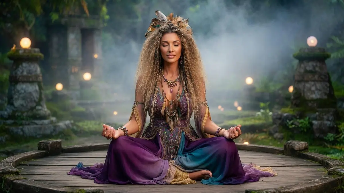 chloe ile de la tentation assise en méditation sur une plateforme en bois dans un décor mystique
