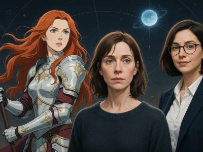 Cordelia est illustrée en trois figures distinctes sur un fond spatial : une guerrière, une femme au pull et une cadre