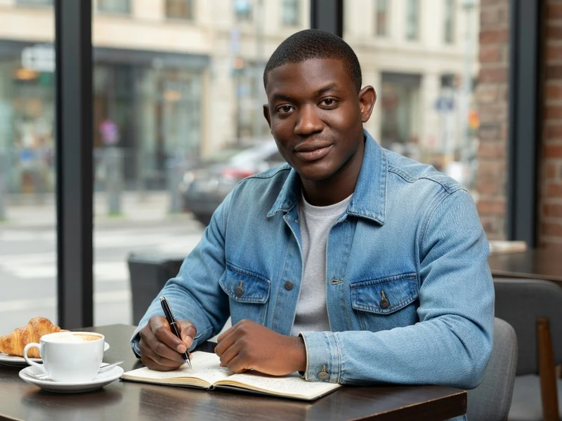 Jammeh Diangana écrit dans un carnet à une table de café avec un café et un croissant