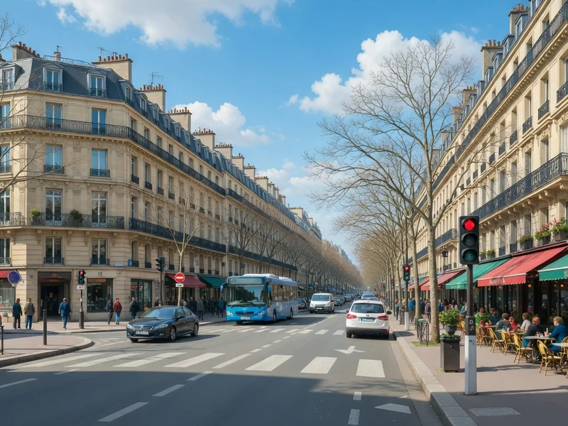 Vue ensoleillée de la rue Paul Doumer avec bus voitures et terrasses de cafés