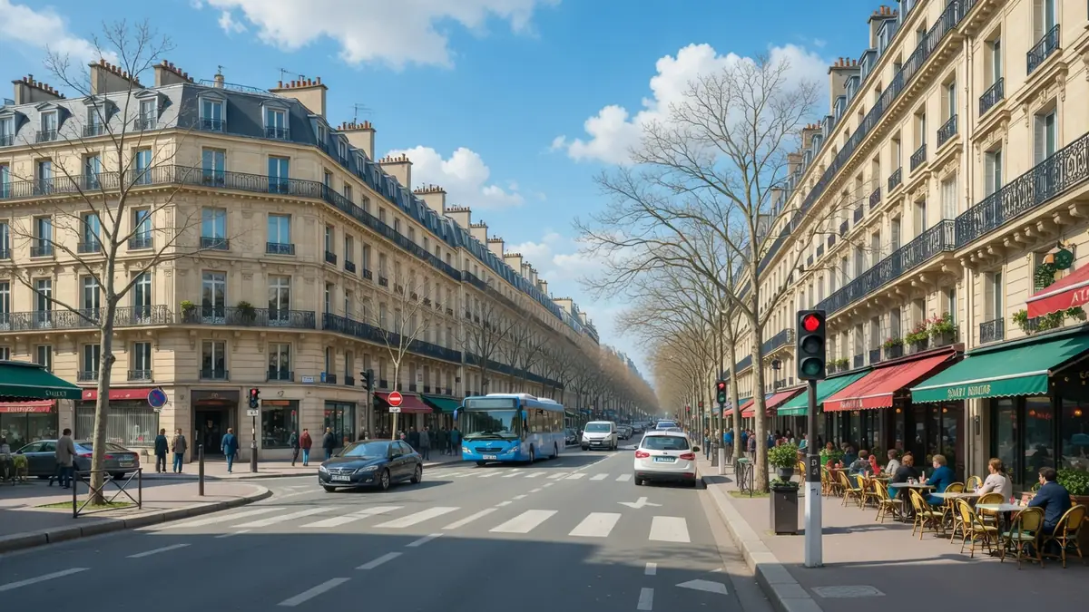 Vue ensoleillée de la rue Paul Doumer avec bus voitures et terrasses de cafés
