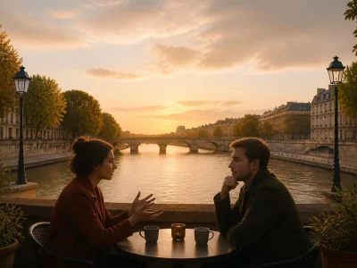 Un couple discute assis à une table installée de part et d'autre d'un pont au-dessus de la Seine au coucher du soleil