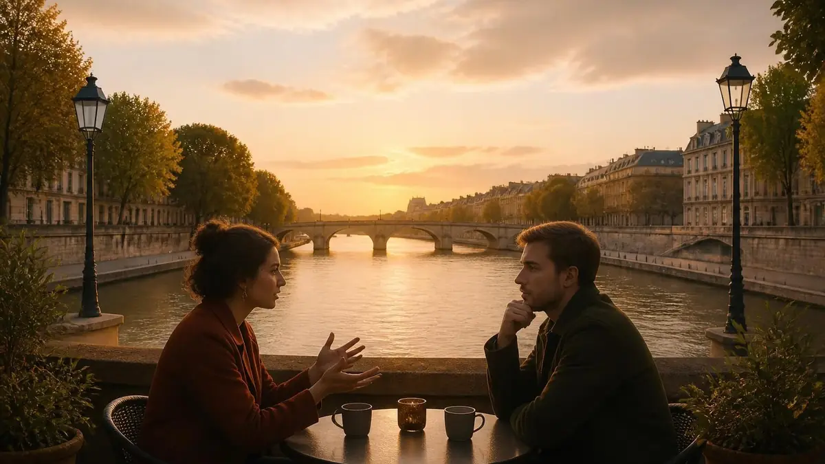 Un couple discute assis à une table installée de part et d'autre d'un pont au-dessus de la Seine au coucher du soleil