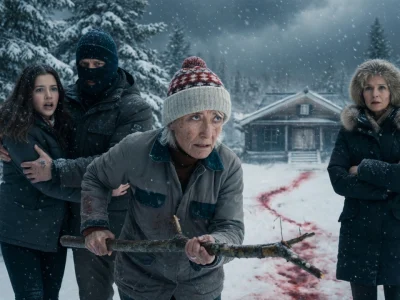 Des personnages inquiets observent une trace de sang dans la neige lors du Dead of Winter